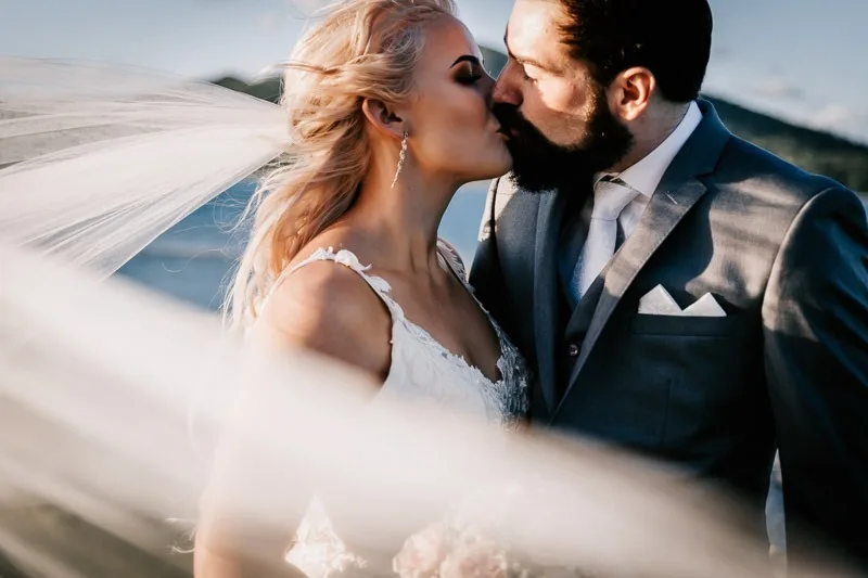 bride and groom veil