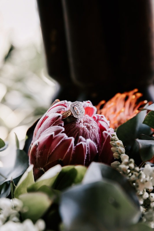 wedding ring on bridal bouquet