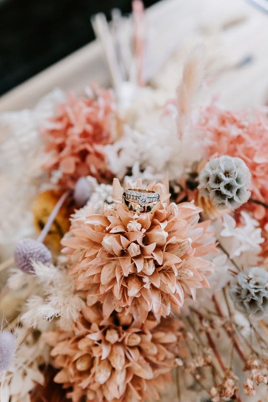 wedding rings and wedding bouquet