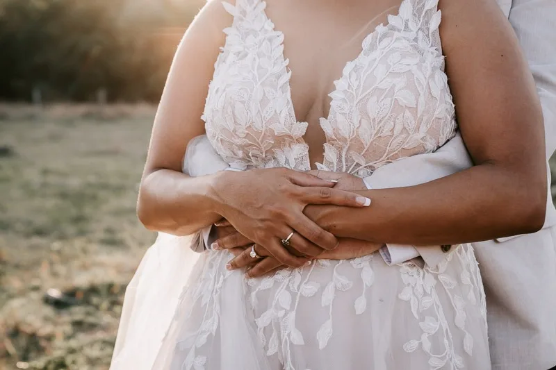 bride and groom sunset