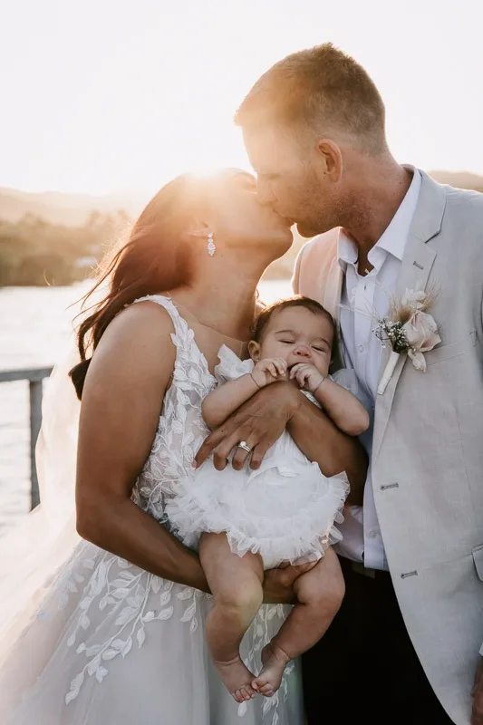 bride and groom sunset