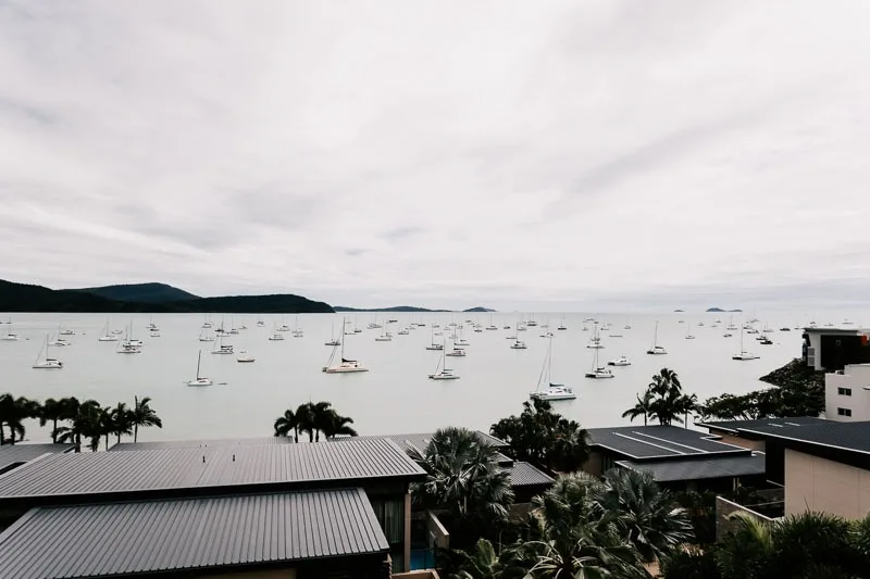 Scenic view over water with boats