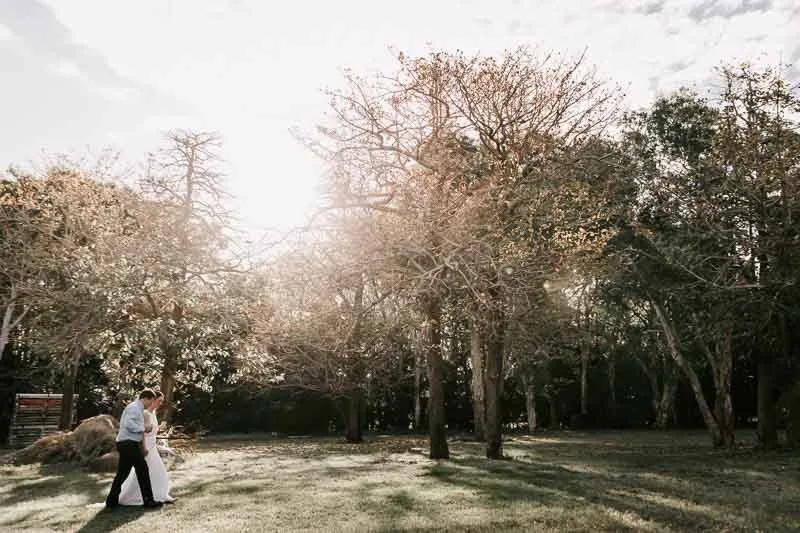 Bride & Groom walk through trees
