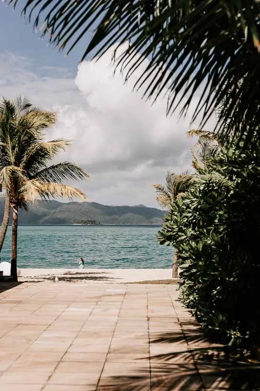 Beach shot showing trees, ocean and mountains