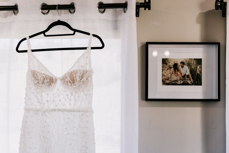 Brides gown and photo of couple