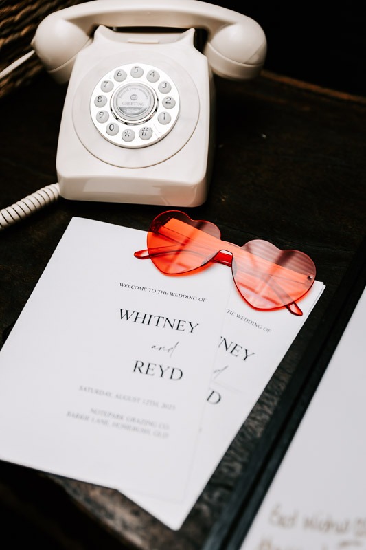 Audio guest book, heart shaped sunglasses and wedding invites