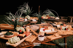 Jungle Echo – Low Res Export-116 Professional videography, photography, and drone footage of a gourmet food spread on wooden tables at outdoor event