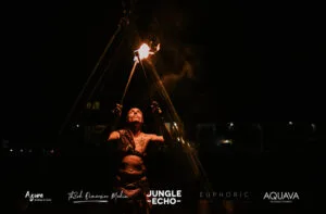 Professional videography capturing a fire performer at night
