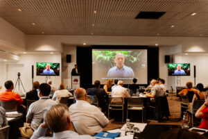 Professional videography indoor conference presentation setup