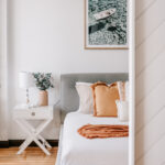 Interior bedroom photography – styled white and beige decor