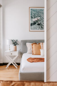 Interior bedroom photography – styled white and beige decor