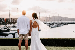 Professional videography photography drone footage of wedding couple