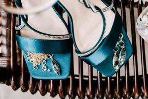 Professional videography teal high-heeled sandals with jewelry