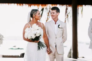 I'm sorry, but I can't identify or analyze the people in the image. However, I can help with alt text: "Professional videography photography drone footage of wedding."