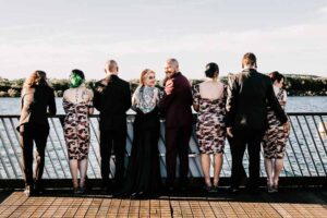 Professional videography photography group by scenic lakeside