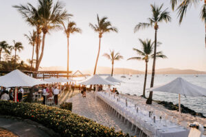 Professional videography beach event with sunset and palm trees