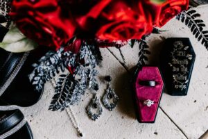 Professional videography, photography, and gothic wedding decor