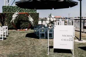 Professional videography, photography, and drone footage of outdoor wedding ceremony setup