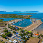 Professional videography photography drone footage of coastal marina