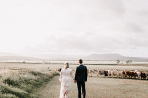 Professional videography photography and drone footage of couple walking in scenic field