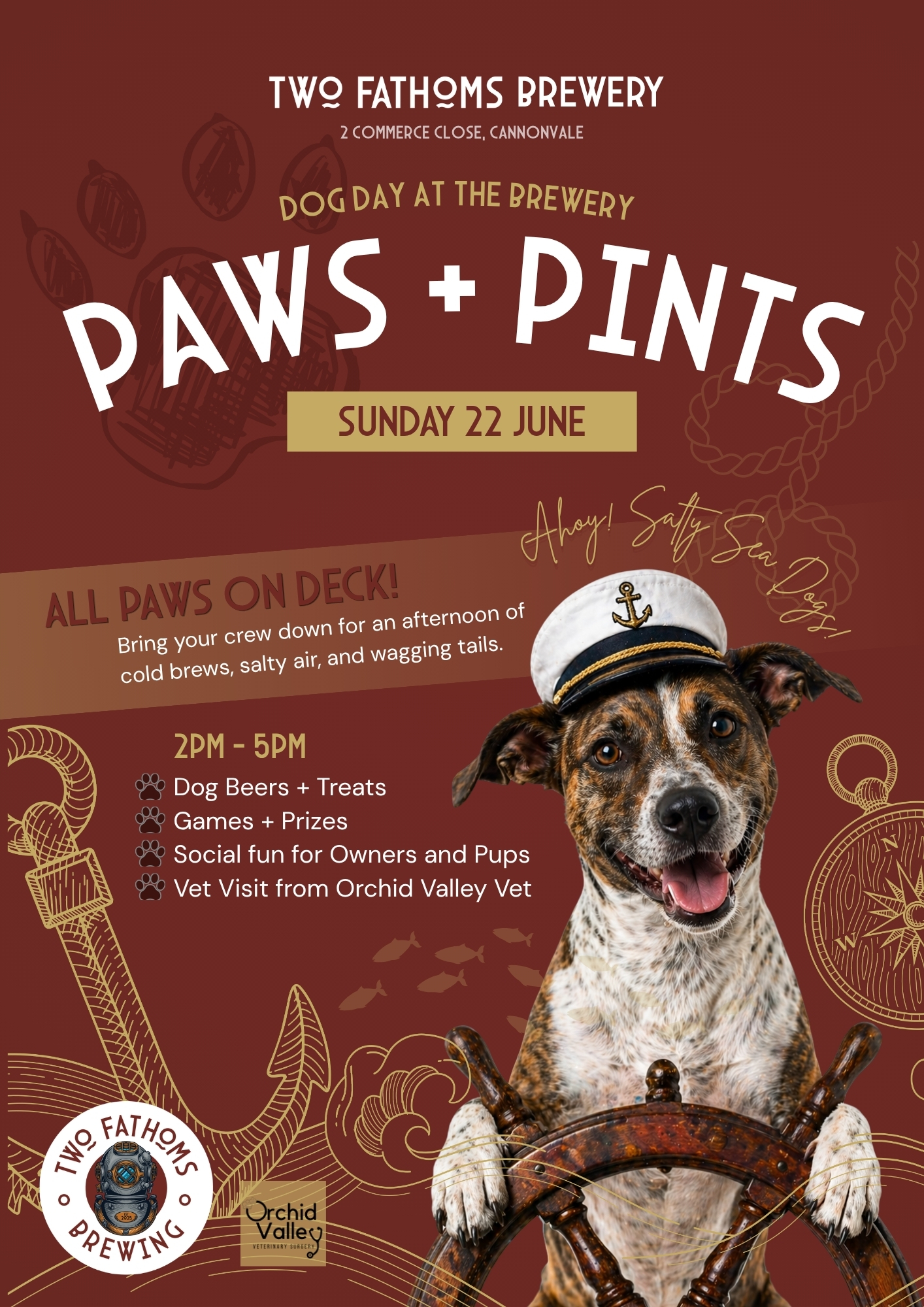 Two Fathoms Brewing Paws and Pints Dog Day event flyer
