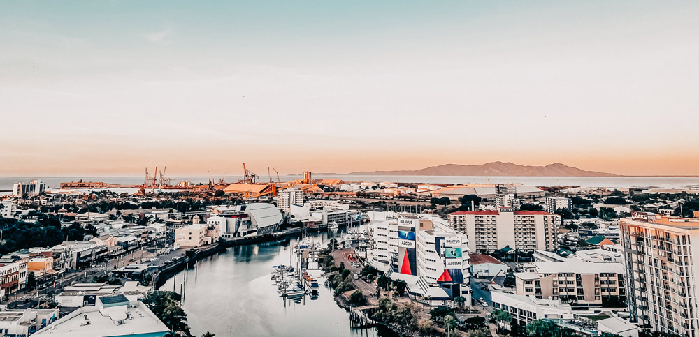 Professional videography cityscape with harbor and sunset view