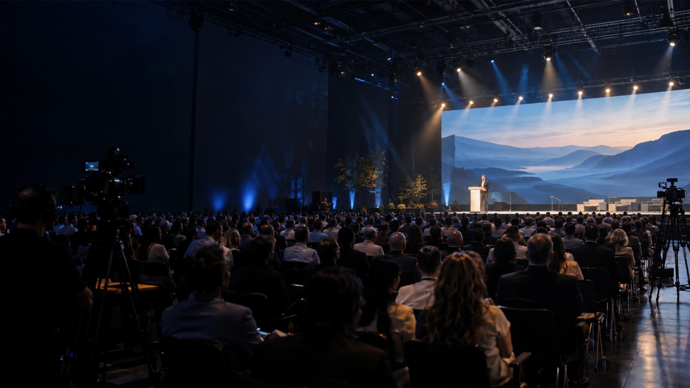 Wide view of a Brisbane conference with a keynote stage, audience and production cameras
