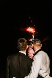 Professional videography fireworks display over water at night