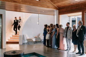 Professional videography, photography, elegant wedding party indoors