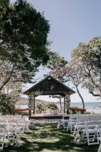 Professional videography, photography, and drone footage of outdoor wedding ceremony setup
