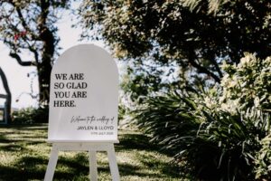 Professional videography, photography, and drone footage of garden ceremony welcome sign